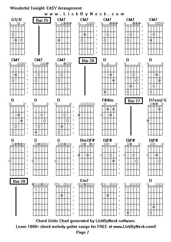 Chord Grids Chart of chord melody fingerstyle guitar song-Wonderful Tonight- EASY Arrangement,generated by LickByNeck software.